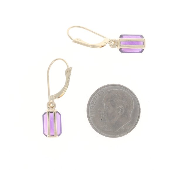 Yellow Gold Amethyst Dangle Earrings - 14k Emerald 3.20ctw Pierced - Picture 3 of 5